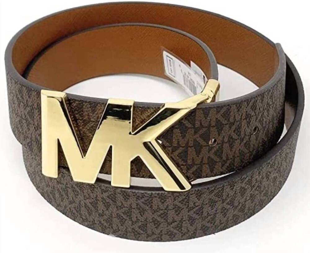 NEW MICHAEL KORS women's signature reversible buckle belt in brown / gold
